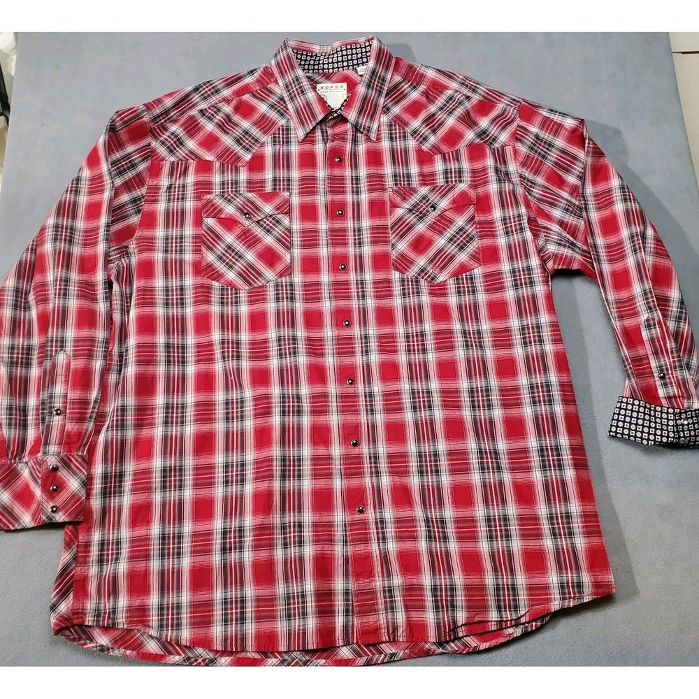 Roper Shirt Mens 3XL Red Black Plaid Flip Cuff Triple Pearl Snap Western Cowboy